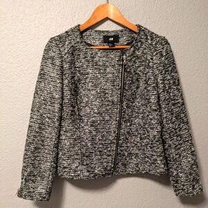 H & M Gray Black Tweed Boucle Blazer Zipper Front Moto Biker Jacket Sz. 10